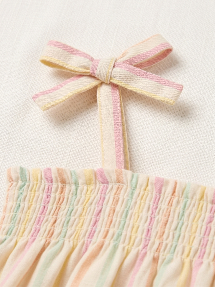 Girls' Pastel Candy-Stripe Smocked Sundress – Fine Cotton A-Line Dress with Ribbon-Tie Shoulders - Serromi