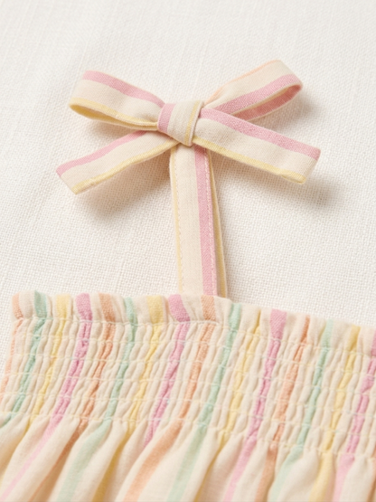 Girls' Pastel Candy-Stripe Smocked Sundress – Fine Cotton A-Line Dress with Ribbon-Tie Shoulders - Serromi