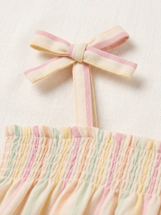 Girls' Pastel Candy-Stripe Smocked Sundress – Fine Cotton A-Line Dress with Ribbon-Tie Shoulders - Serromi
