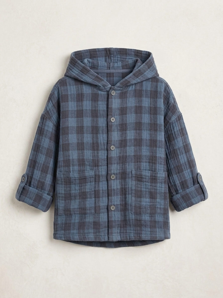 Boys' Premium Indigo Plaid Double-Gauze Shacket – Hooded Textured Cotton Button-Down with Roll-Tab Sleeves - Serromi