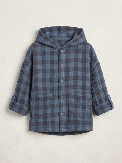 Boys' Premium Indigo Plaid Double-Gauze Shacket – Hooded Textured Cotton Button-Down with Roll-Tab Sleeves - Serromi