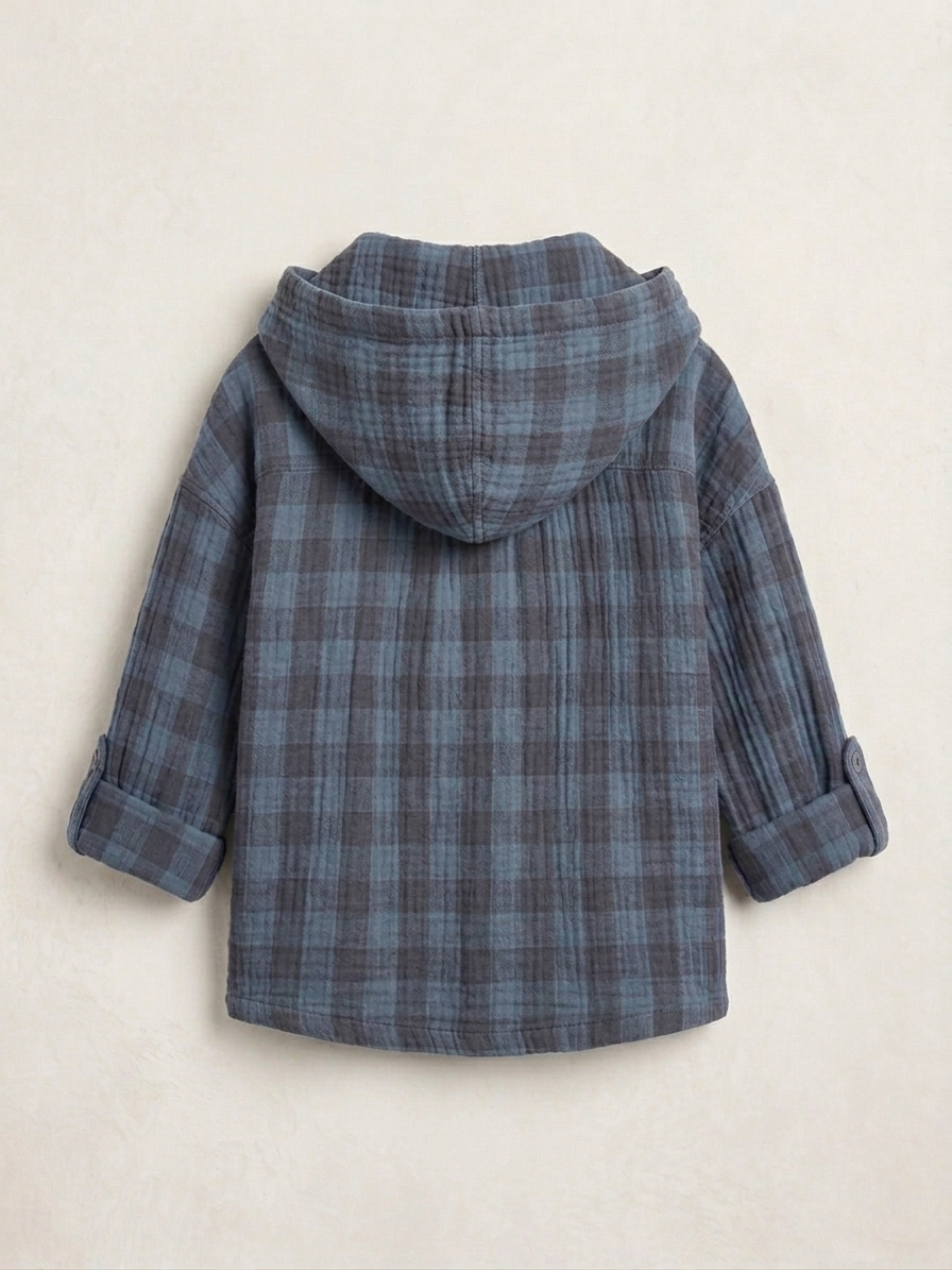 Boys' Premium Indigo Plaid Double-Gauze Shacket – Hooded Textured Cotton Button-Down with Roll-Tab Sleeves - Serromi