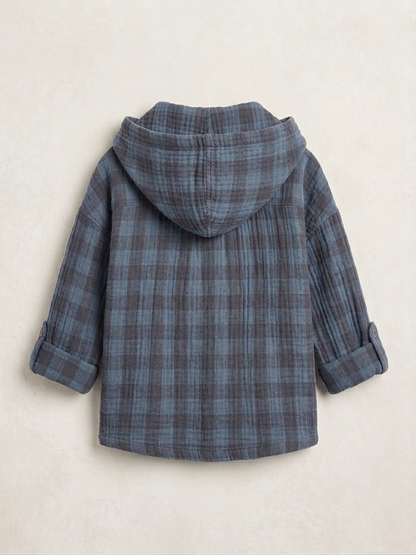 Boys' Premium Indigo Plaid Double-Gauze Shacket – Hooded Textured Cotton Button-Down with Roll-Tab Sleeves - Serromi