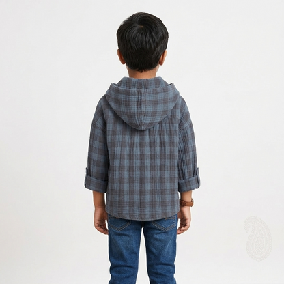Boys' Premium Indigo Plaid Double-Gauze Shacket – Hooded Textured Cotton Button-Down with Roll-Tab Sleeves