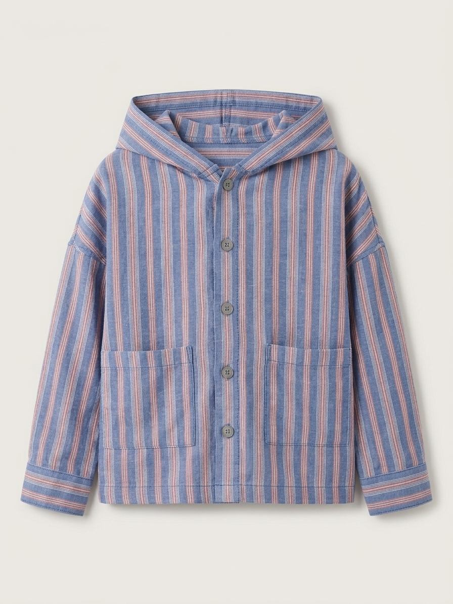 Boys' Riviera Blue Deck-Stripe Hooded Shacket – Premium Cotton Twill Button-Down with Utility Pockets - Serromi