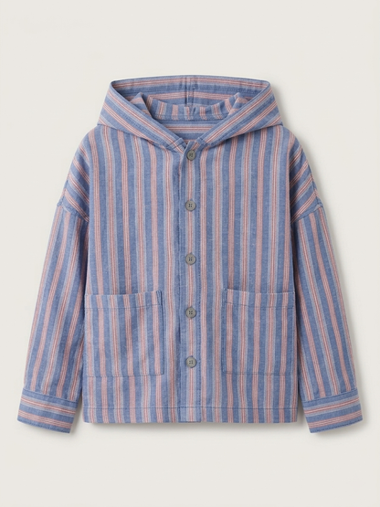 Boys' Riviera Blue Deck-Stripe Hooded Shacket – Premium Cotton Twill Button-Down with Utility Pockets - Serromi