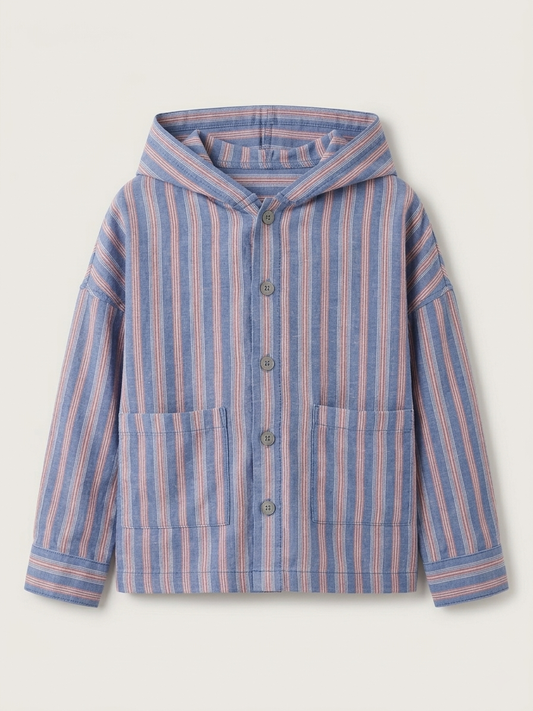 Boys' Riviera Blue Deck-Stripe Hooded Shacket – Premium Cotton Twill Button-Down with Utility Pockets - Serromi