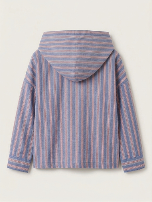 Boys' Riviera Blue Deck-Stripe Hooded Shacket – Premium Cotton Twill Button-Down with Utility Pockets - Serromi