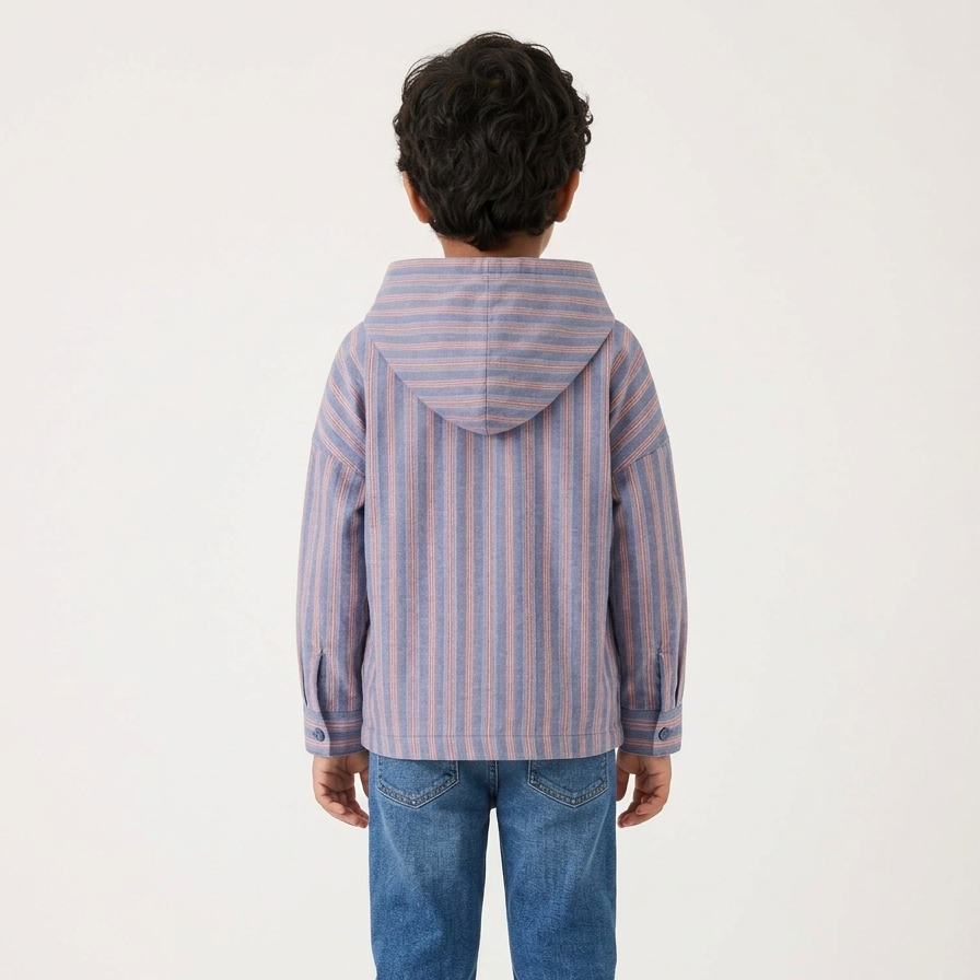 Boys' Riviera Blue Deck-Stripe Hooded Shacket – Premium Cotton Twill Button-Down with Utility Pockets