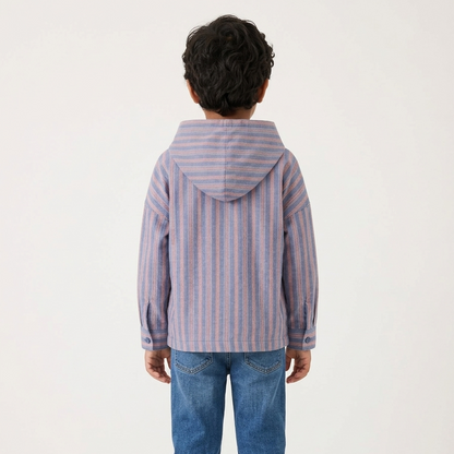Boys' Riviera Blue Deck-Stripe Hooded Shacket – Premium Cotton Twill Button-Down with Utility Pockets
