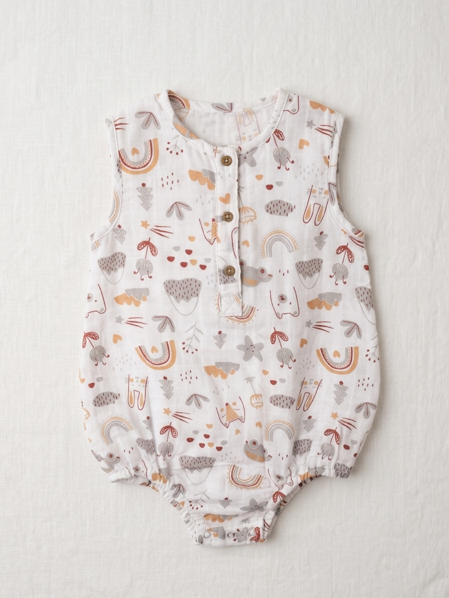 Infant Premium Muslin Whimsical Print Romper – Sleeveless Organic Cotton Bodysuit in Earthy Pastels - Serromi