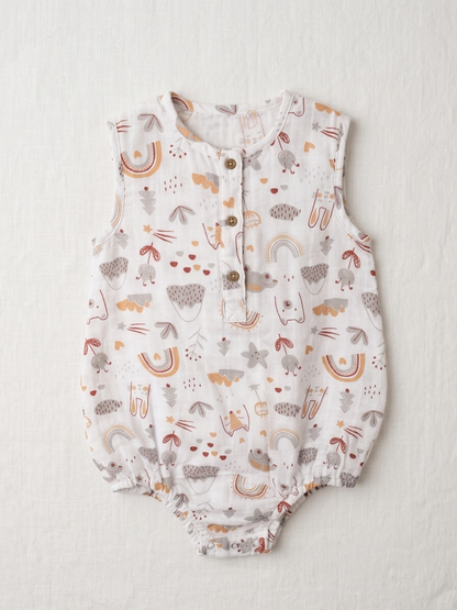 Infant Premium Muslin Whimsical Print Romper – Sleeveless Organic Cotton Bodysuit in Earthy Pastels - Serromi