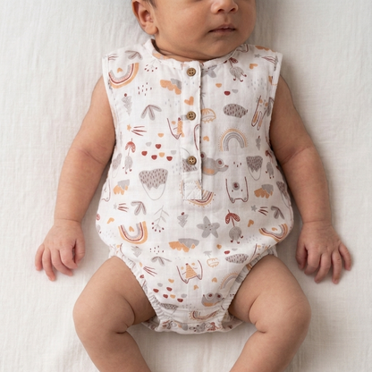 Infant Premium Muslin Whimsical Print Romper – Sleeveless Organic Cotton Bodysuit in Earthy Pastels