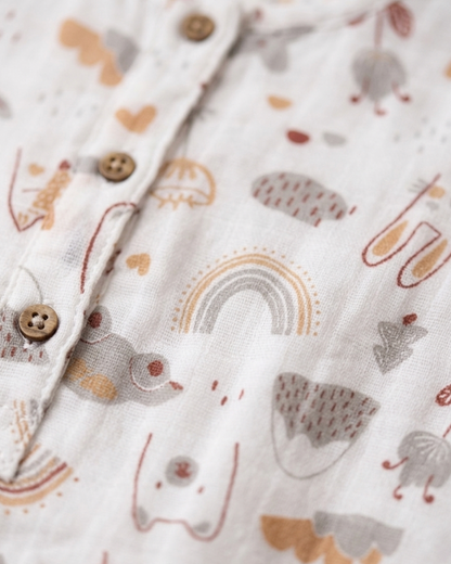 Infant Premium Muslin Whimsical Print Romper – Sleeveless Organic Cotton Bodysuit in Earthy Pastels