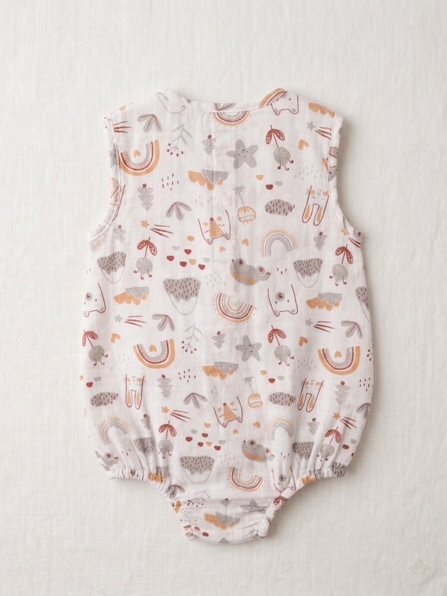 Infant Premium Muslin Whimsical Print Romper – Sleeveless Organic Cotton Bodysuit in Earthy Pastels - Serromi