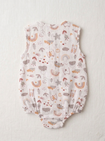 Infant Premium Muslin Whimsical Print Romper – Sleeveless Organic Cotton Bodysuit in Earthy Pastels - Serromi