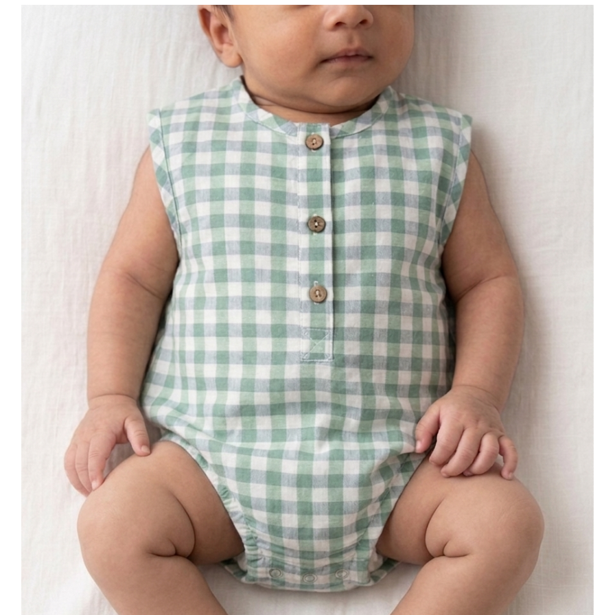 Infant Sage Gingham Cotton Romper – Sleeveless Button-Down Bodysuit in Breathable Linen-Blend