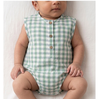 Infant Sage Gingham Cotton Romper – Sleeveless Button-Down Bodysuit in Breathable Linen-Blend