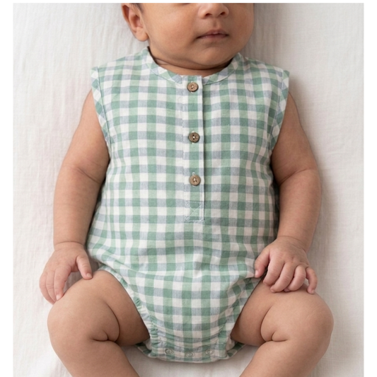 Infant Sage Gingham Cotton Romper – Sleeveless Button-Down Bodysuit in Breathable Linen-Blend