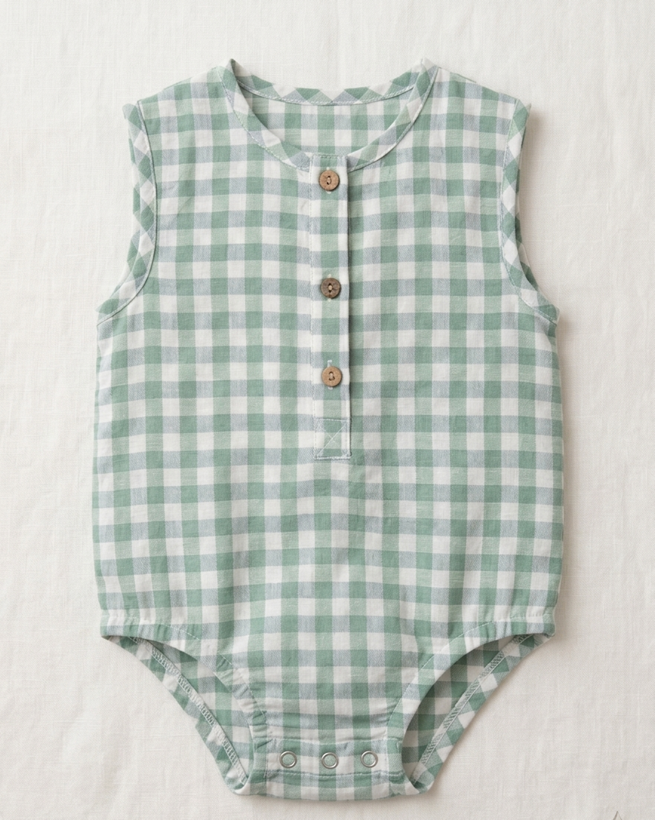 Infant Sage Gingham Cotton Romper – Sleeveless Button-Down Bodysuit in Breathable Linen-Blend