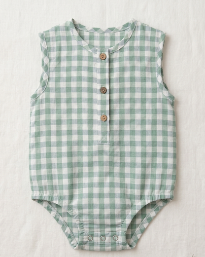 Infant Sage Gingham Cotton Romper – Sleeveless Button-Down Bodysuit in Breathable Linen-Blend