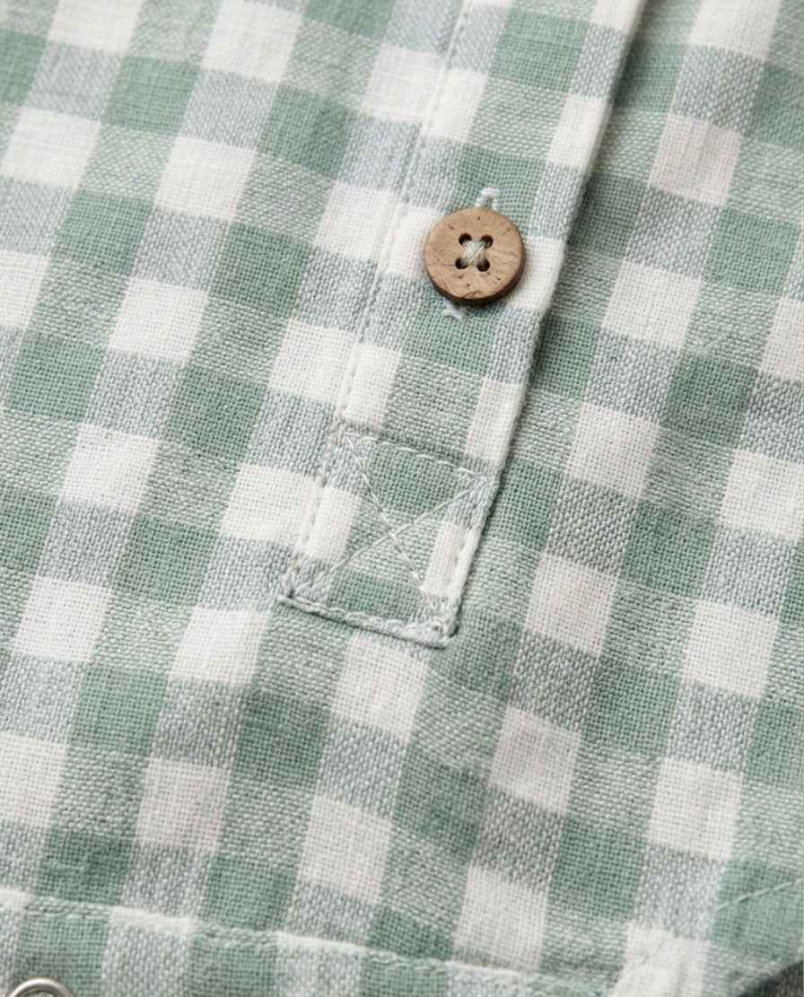 Infant Sage Gingham Cotton Romper – Sleeveless Button-Down Bodysuit in Breathable Linen-Blend