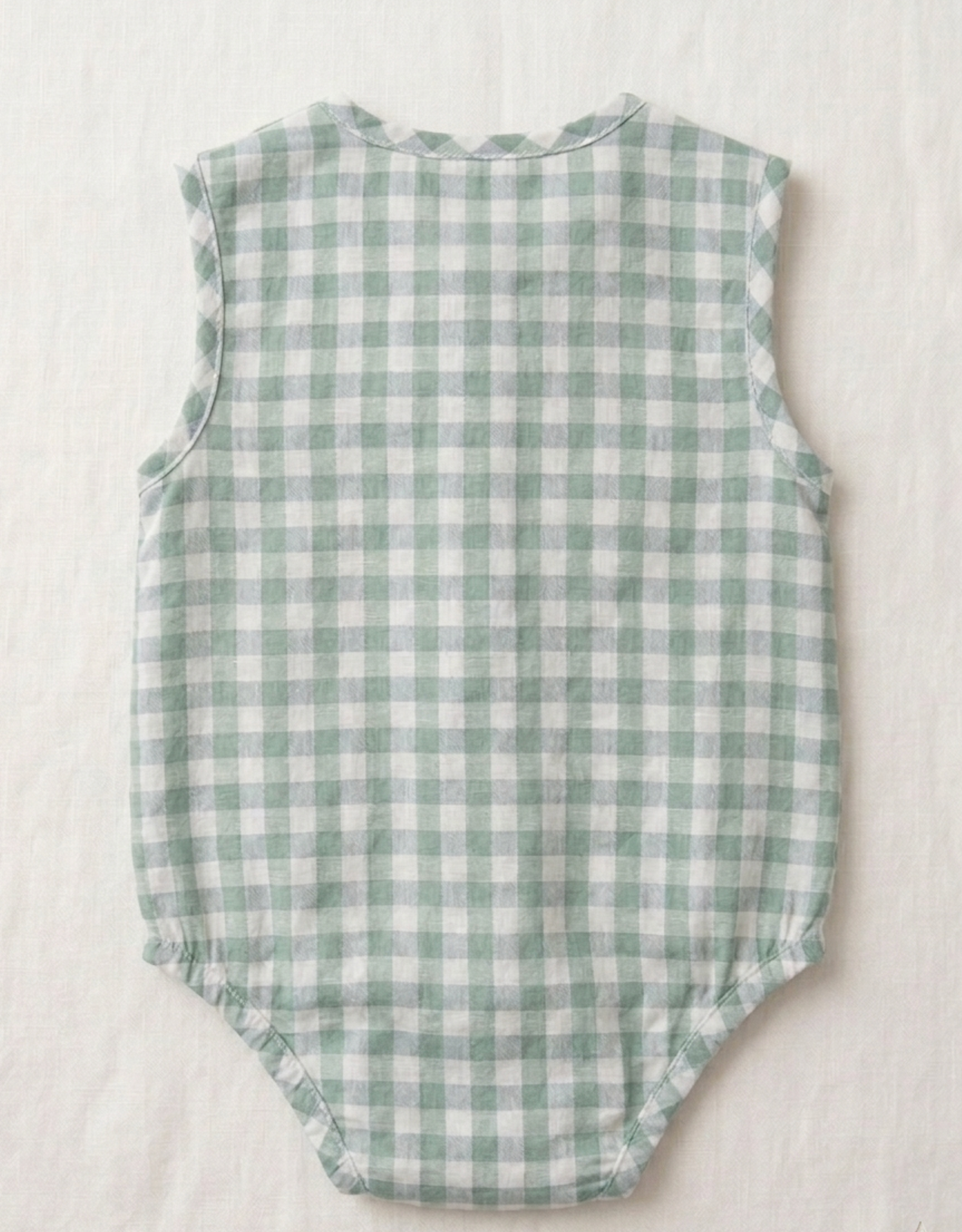 Infant Sage Gingham Cotton Romper – Sleeveless Button-Down Bodysuit in Breathable Linen-Blend