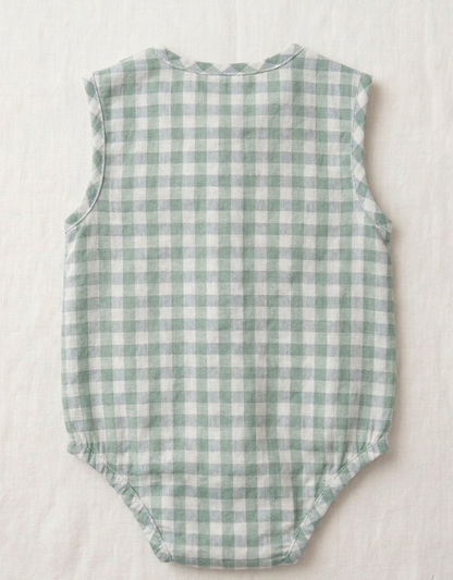 Infant Sage Gingham Cotton Romper – Sleeveless Button-Down Bodysuit in Breathable Linen-Blend