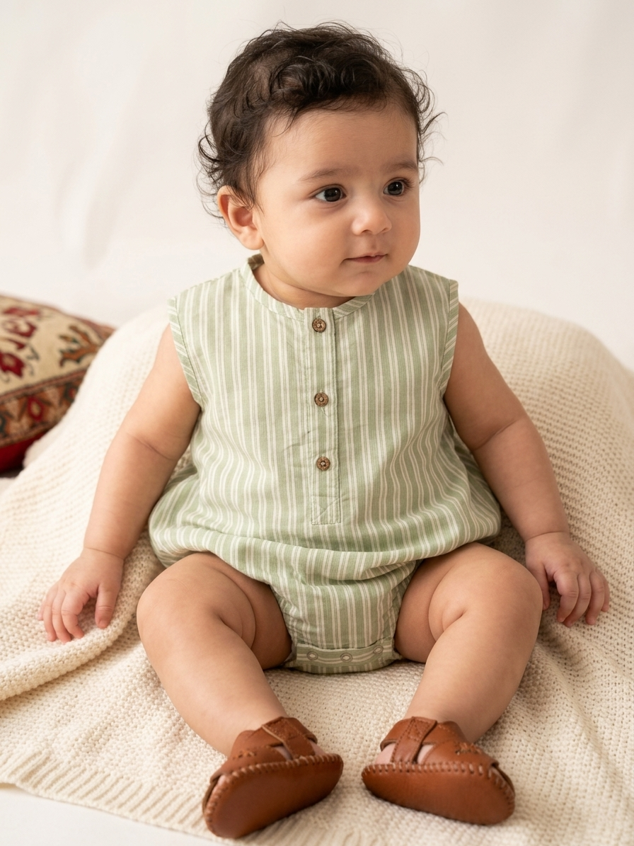 Infant Sage &amp; Alabaster Striped Linen Romper – Sleeveless Henley Bubble One-Piece in Organic Cotton Blend - Serromi
