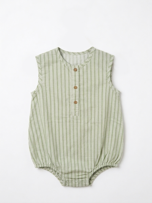 Infant Sage &amp; Alabaster Striped Linen Romper – Sleeveless Henley Bubble One-Piece in Organic Cotton Blend - Serromi