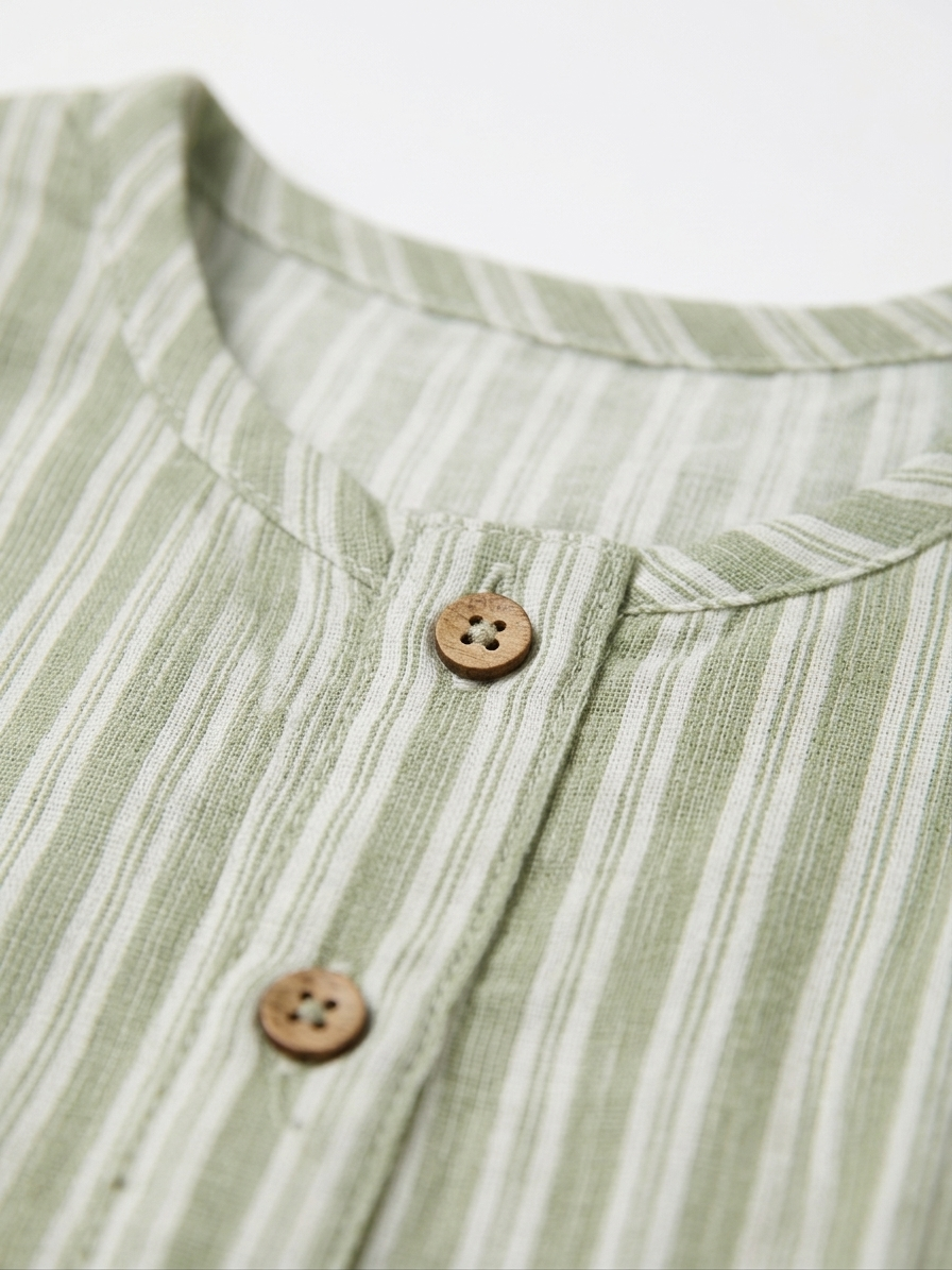 Infant Sage &amp; Alabaster Striped Linen Romper – Sleeveless Henley Bubble One-Piece in Organic Cotton Blend - Serromi