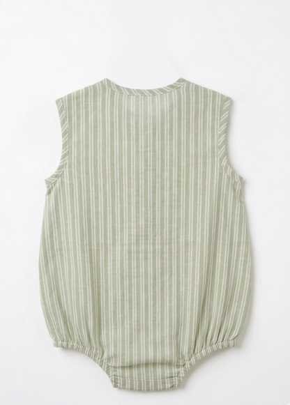 Infant Sage &amp; Alabaster Striped Linen Romper – Sleeveless Henley Bubble One-Piece in Organic Cotton Blend