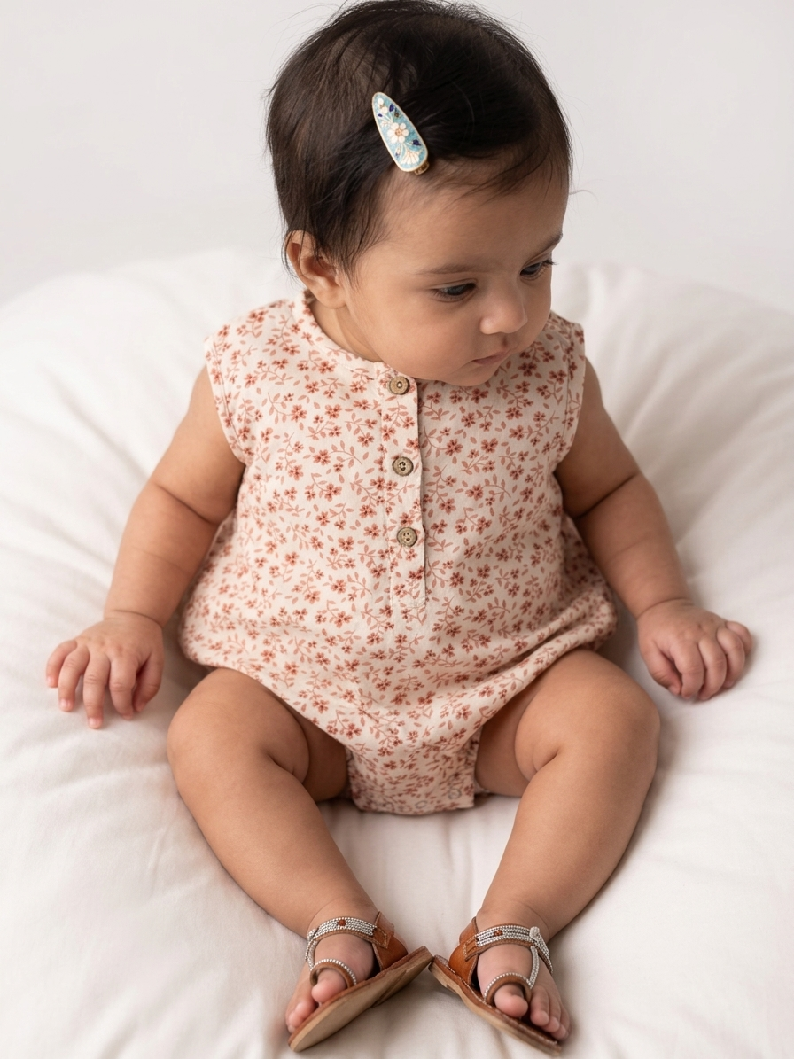 Girls' Terracotta Meadow Button-Down Romper – Artisan Cotton-Linen Sunsuit for Selective Minimalists - Serromi