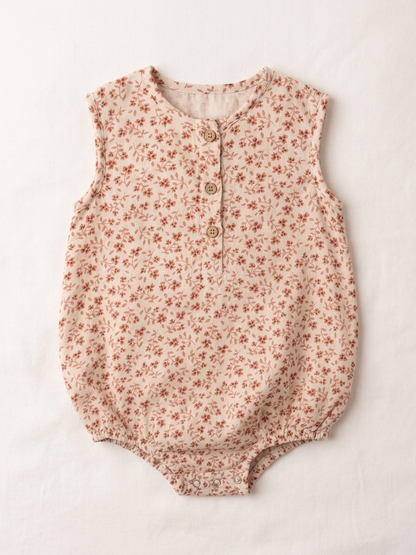 Girls' Terracotta Meadow Button-Down Romper – Artisan Cotton-Linen Sunsuit for Selective Minimalists - Serromi