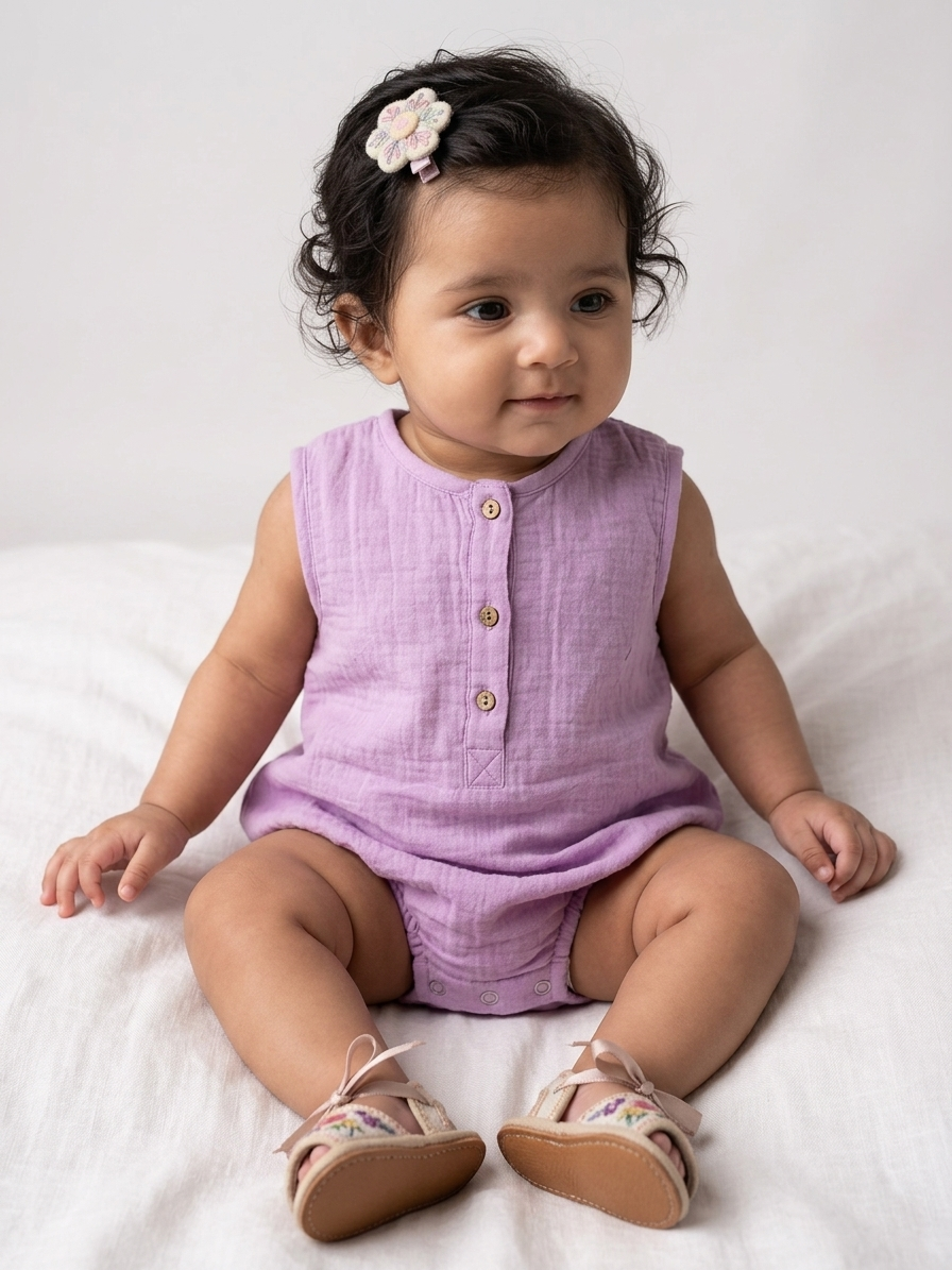 Baby Girls' Premium Wisteria Muslin Bodysuit – Organic Cotton Henley Romper with Wooden Accents - Serromi