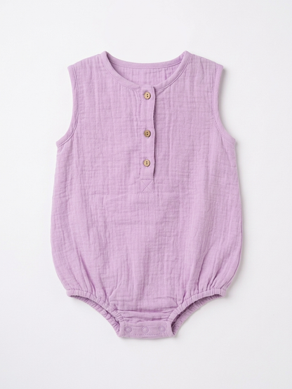 Baby Girls' Premium Wisteria Muslin Bodysuit – Organic Cotton Henley Romper with Wooden Accents - Serromi