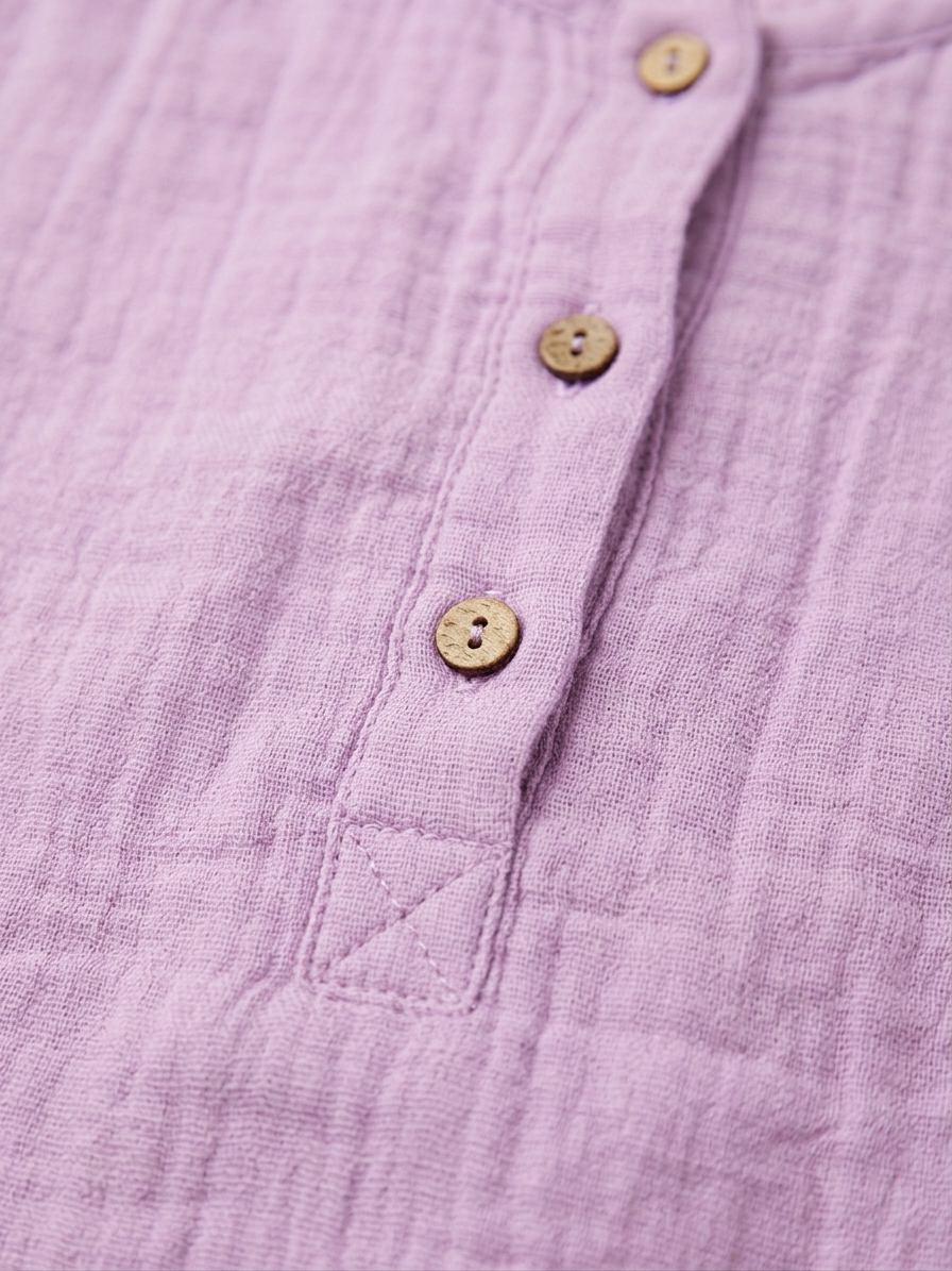 Baby Girls' Premium Wisteria Muslin Bodysuit – Organic Cotton Henley Romper with Wooden Accents - Serromi