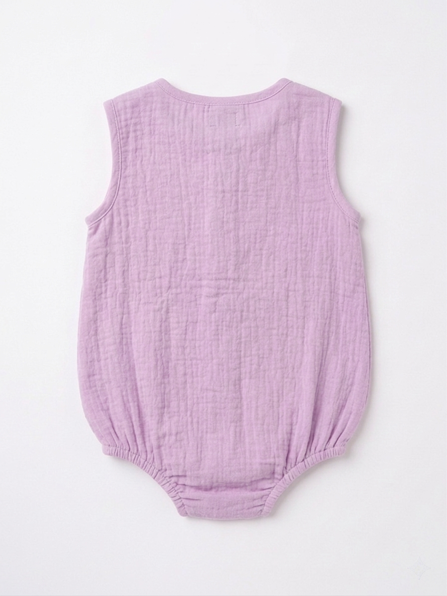 Baby Girls' Premium Wisteria Muslin Bodysuit – Organic Cotton Henley Romper with Wooden Accents - Serromi