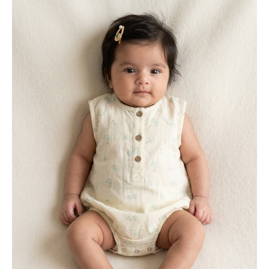 Girls’ Primrose Cream Muslin Bodysuit – Botanical Henley Romper with Wood-Grain Accents