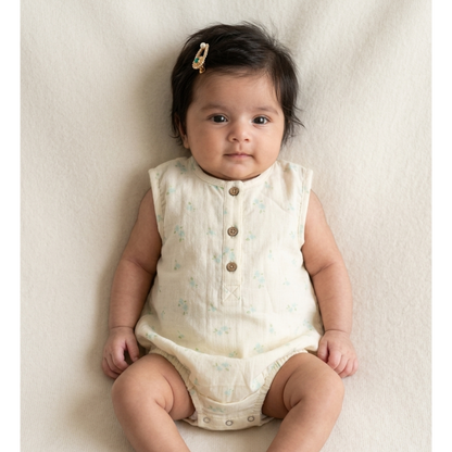 Girls’ Primrose Cream Muslin Bodysuit – Botanical Henley Romper with Wood-Grain Accents