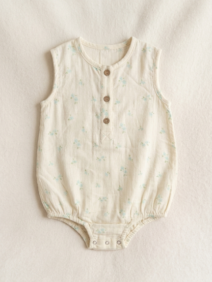 Girls’ Primrose Cream Muslin Bodysuit – Botanical Henley Romper with Wood-Grain Accents - Serromi