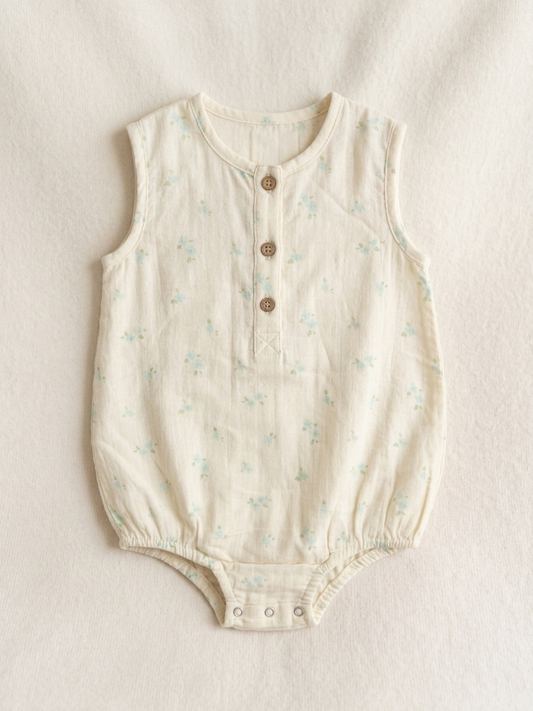 Girls’ Primrose Cream Muslin Bodysuit – Botanical Henley Romper with Wood-Grain Accents - Serromi