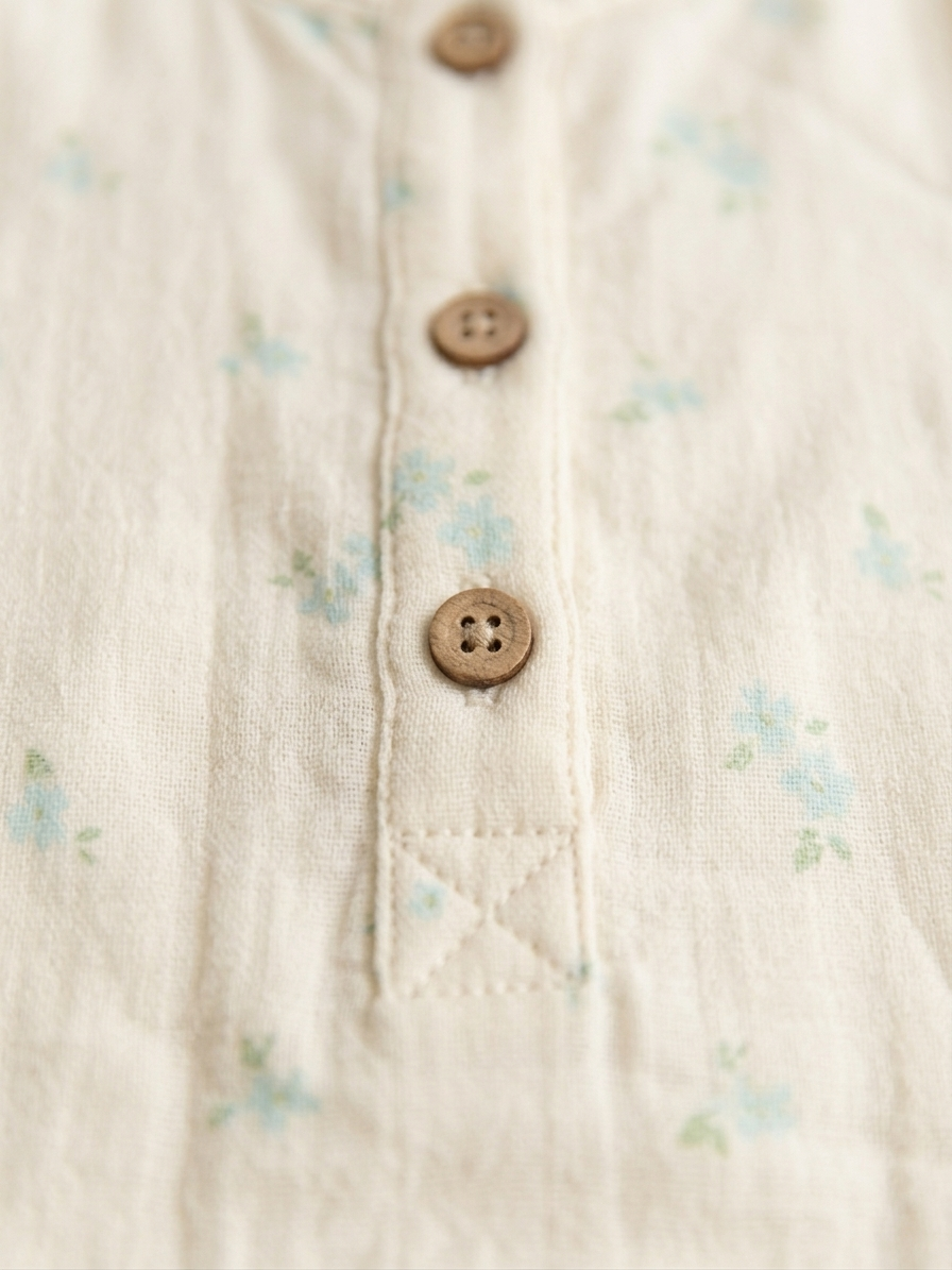 Girls’ Primrose Cream Muslin Bodysuit – Botanical Henley Romper with Wood-Grain Accents - Serromi