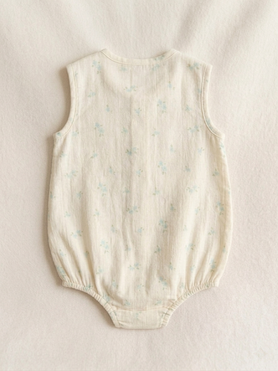 Girls’ Primrose Cream Muslin Bodysuit – Botanical Henley Romper with Wood-Grain Accents - Serromi