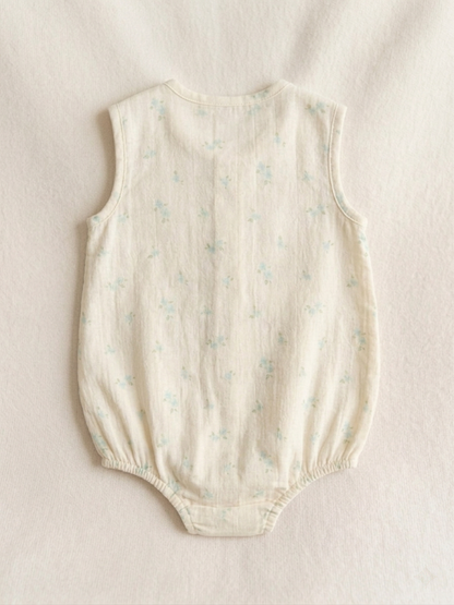 Girls’ Primrose Cream Muslin Bodysuit – Botanical Henley Romper with Wood-Grain Accents - Serromi