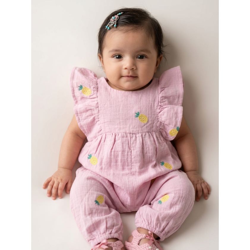 Girls’ Rose-Quartz Muslin Romper – Whimsical Pineapple Embroidery &amp; Ruffle-Sleeve One-Piece