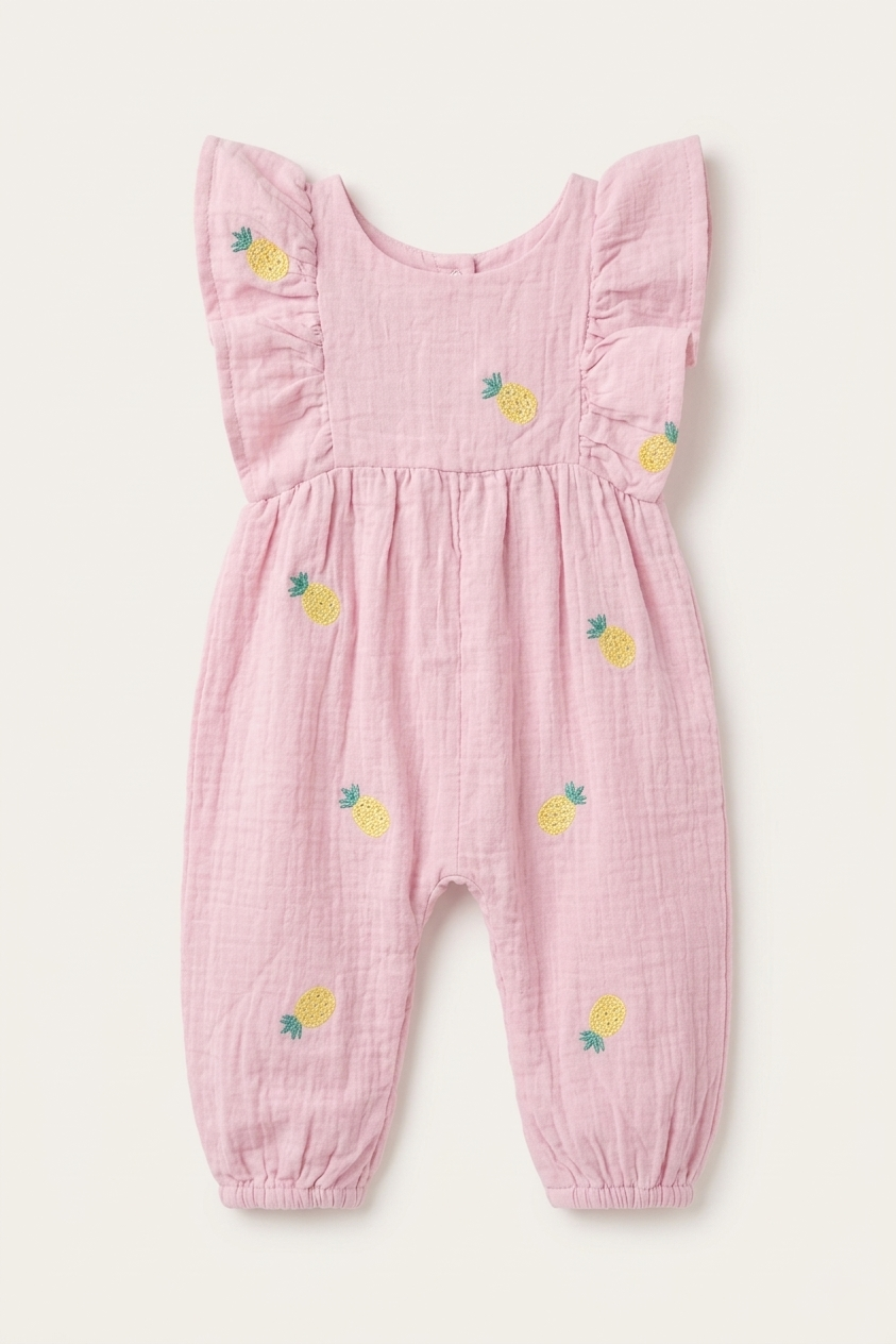 Girls’ Rose-Quartz Muslin Romper – Whimsical Pineapple Embroidery &amp; Ruffle-Sleeve One-Piece - Serromi