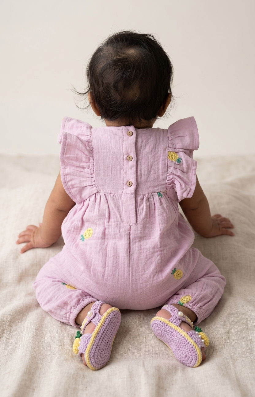 Girls’ Rose-Quartz Muslin Romper – Whimsical Pineapple Embroidery &amp; Ruffle-Sleeve One-Piece - Serromi