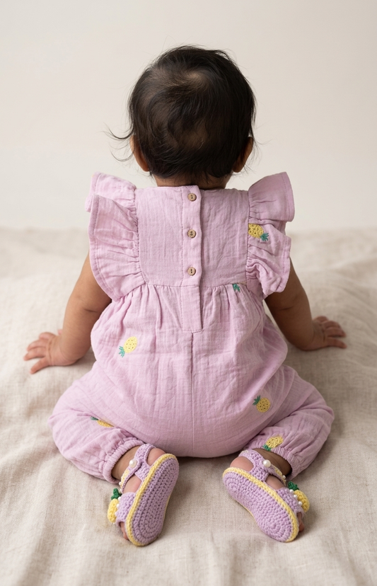 Girls’ Rose-Quartz Muslin Romper – Whimsical Pineapple Embroidery &amp; Ruffle-Sleeve One-Piece - Serromi