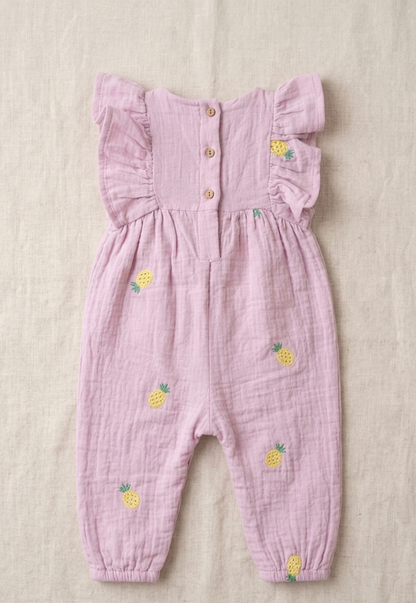 Girls’ Rose-Quartz Muslin Romper – Whimsical Pineapple Embroidery &amp; Ruffle-Sleeve One-Piece